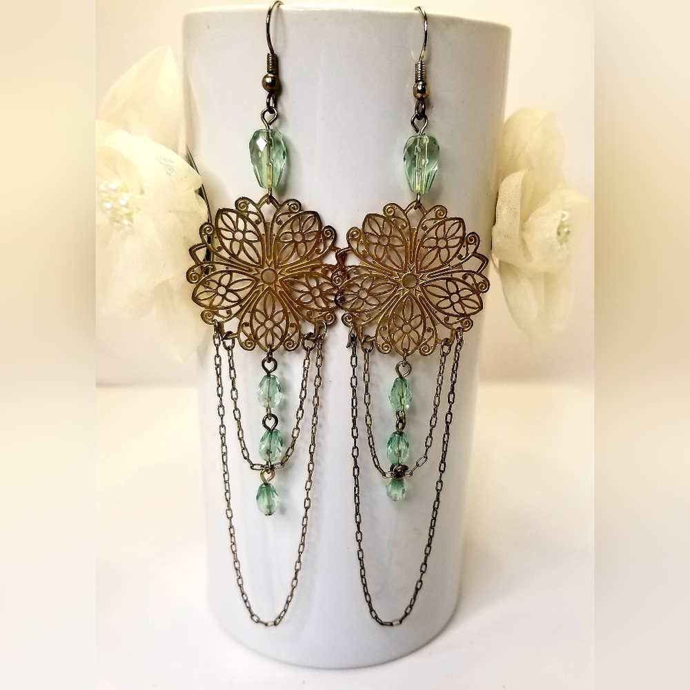 Vintage Gold Filigree With Aqua Blue Faceted Beads Dangle Earrings